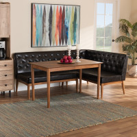 Baxton Studio BBT8051.13-Dark BrownWalnut-3PC Dining Nook Set Baxton Studio Riordan Mid-Century Modern Dark Brown Faux Leather Upholstered and Walnut Brown Finished Wood 3-Piece Dining Nook Set